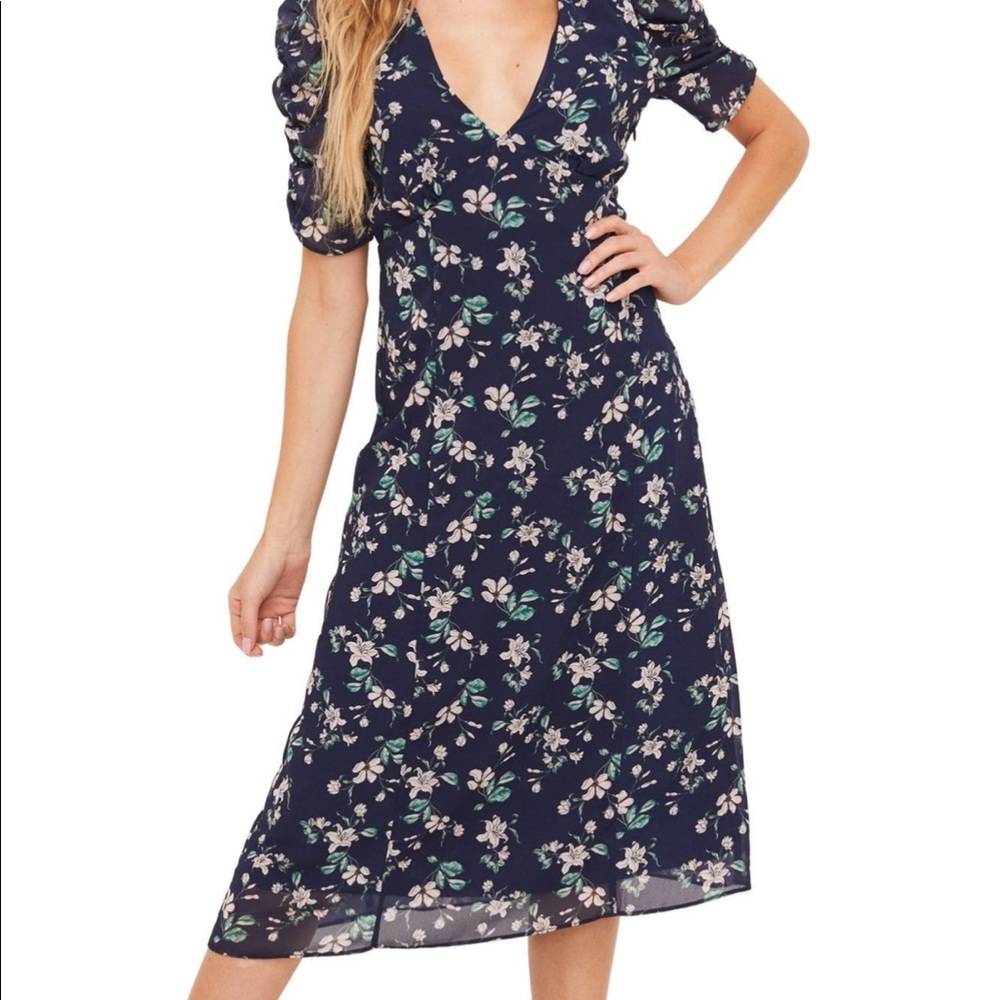 Ruched Sleeve Floral Midi Dress